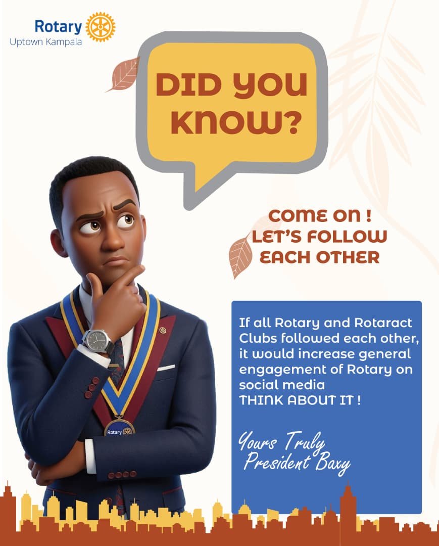 rcuptownkampala's tweet photo. August 🫱🏿‍🫲🏼
As we focus on  membership and club development, let's make it a point to follow each other to improve the engagement of Rotary across the different social media platforms.

Let's attract more people to join the family.

Follow Us: 
LinkedIn 
https://t.co/cOrpUVaV4K
Tiktok 
https://t.co/t3Eba7AyNi

 Each One , Bring One. Be One 

#RotaryEyamba 
#TheUptownLife