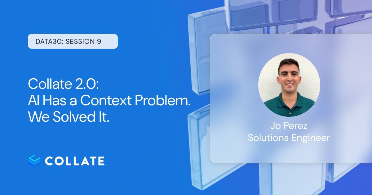 open_metadata's tweet photo. Data30 Session 9: @CollateData 2.0. Built on OpenMetadata's context layer, now with Connect, Reason, and Remember for agents.

A typed graph on open W3C ontology standards, not a guessed schema. Jo Perez demos it live.

Wed 8/12, 9am PDT | https://t.co/walRaYNkzO

#OpenMetadata #AIAgents #DataEngineering