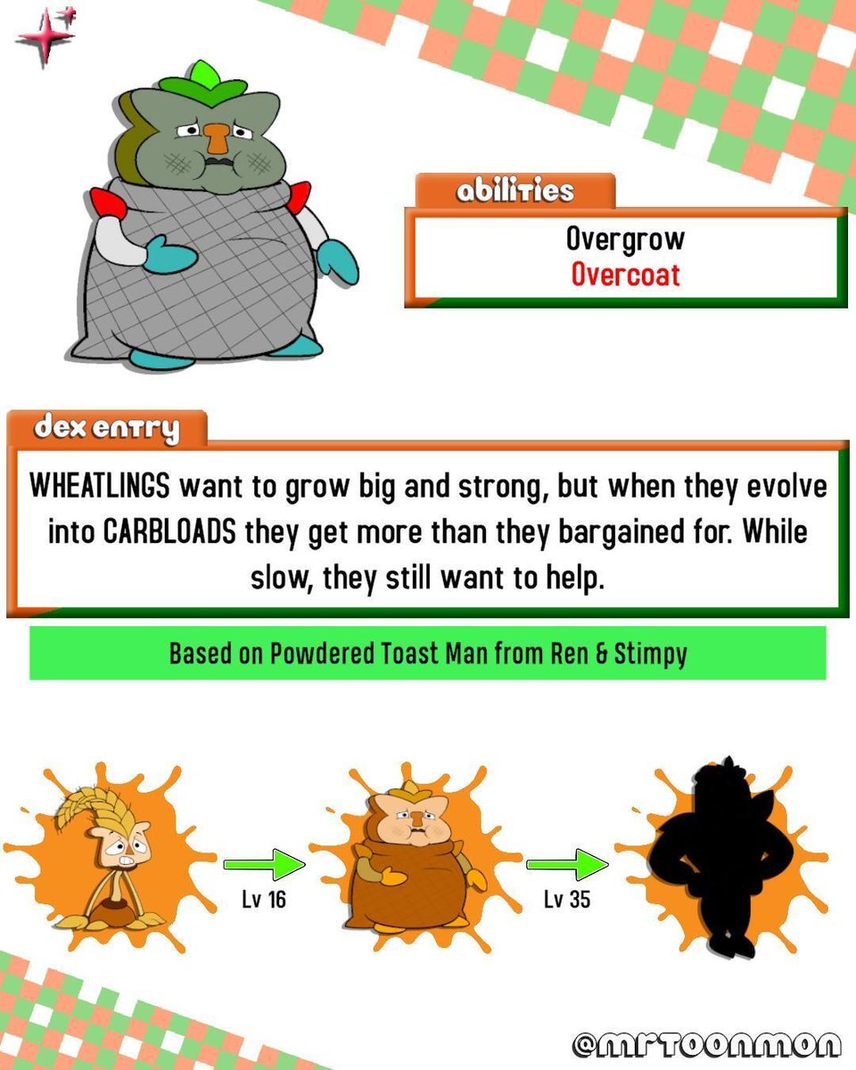 MrToonmon's tweet photo. Wheatling's middle stage is a big fat sack of flour, because you have to put on fat to make MUSCLE. He follows in the chubby footsteps of Quilladin and Pignite before him.
#fakemon #nickelodeon https://t.co/1e5pqaPuYY