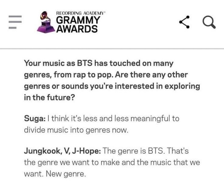 urmisope's tweet photo. remembered this interview of BTS WITH RECORDING ACADEMY!! 

"Suga: I think it's less and less meaningful to divide music into genres now. 

Jungkook, V, J-Hope: The genre is BTS. That's the genre we want to make and the music that we want. New genre." 

Remember .@RecordingAcad https://t.co/HWMRek9fOJ