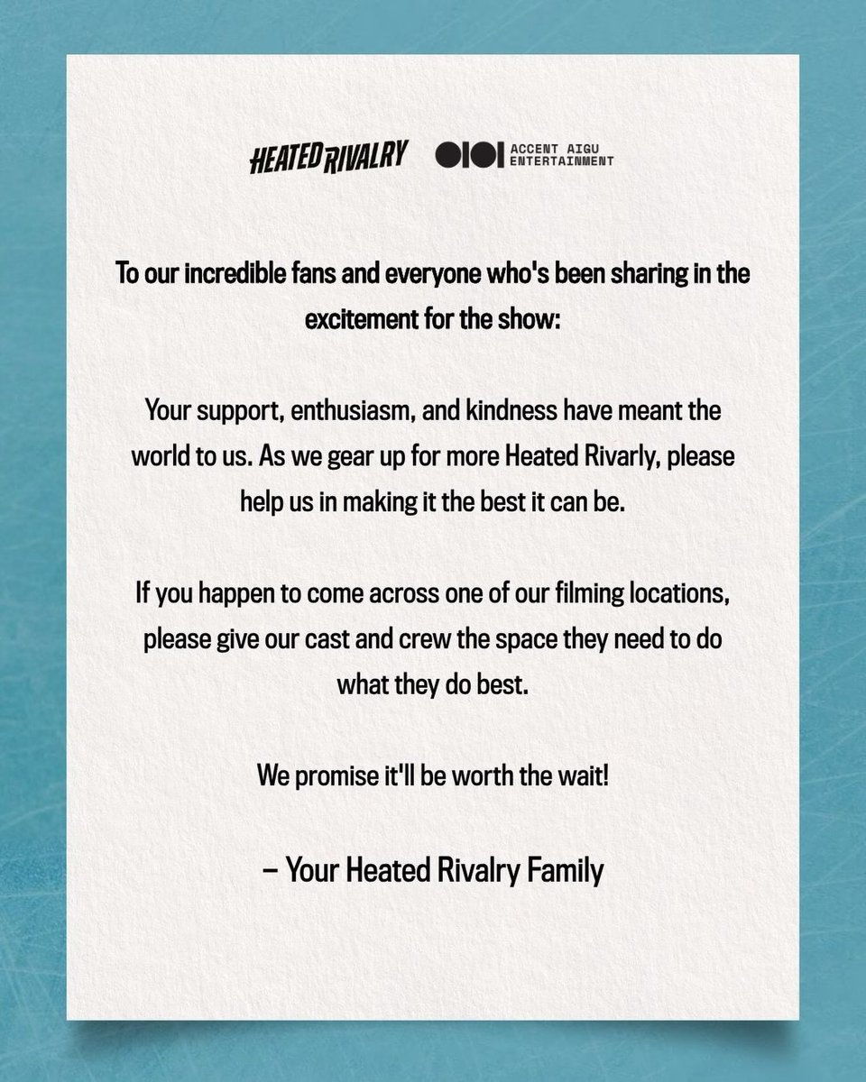 heatedrivalryud's tweet photo. A message from the official ‘HEATED RIVALRY’ Instagram, asking fans to give space if they come across a filming location for Season 2.

Please be respectful of everyone trying to do their jobs! ❤️ https://t.co/WhVjIX6KV5