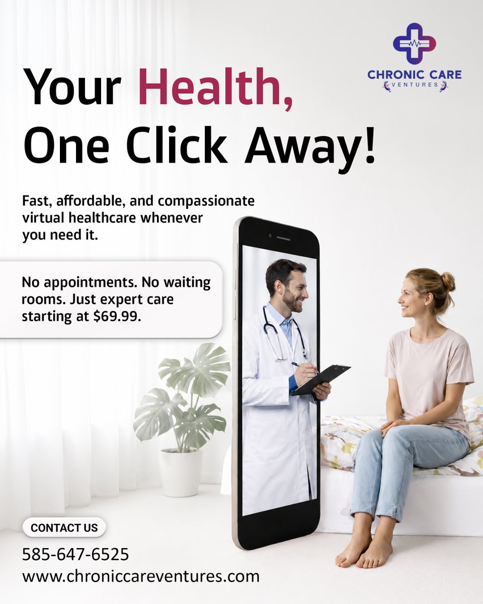 Chroniccareven's tweet photo. Skip the drive. Tap, talk, and feel better! 
Feeling under the weather but not in the mood to sit in a waiting room? 🤧
With Chronic Care Ventures, quality healthcare is just a few taps away. 
#VirtualCare #Telehealth #VirtualPrimaryCare #OnlineDoctor #PrimaryCare #Healthcare https://t.co/8Xx61Fk7V4