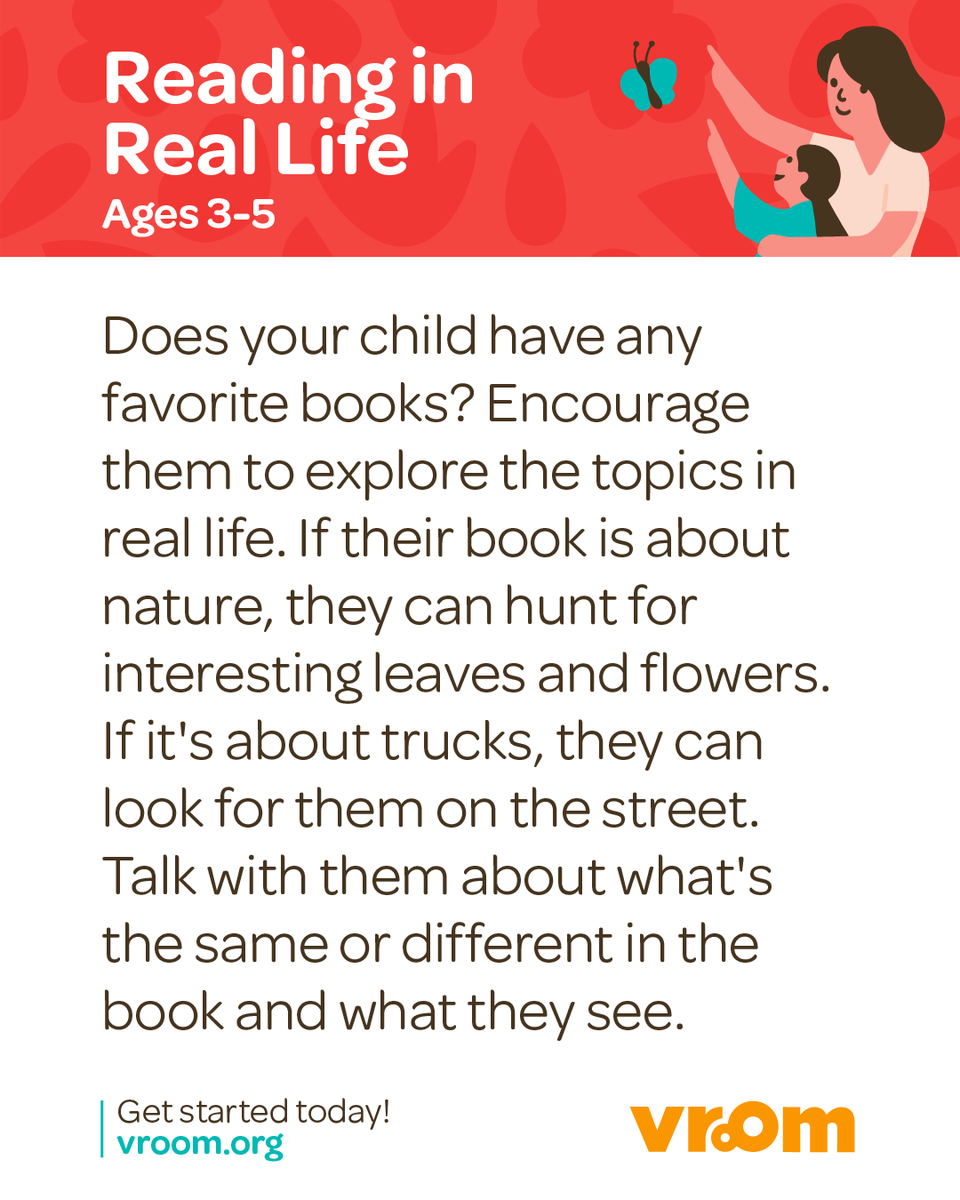 joinvroom's tweet photo. From page to pavement, your child is making connections everywhere they go. 🚚🌼

This Vroom Tip builds comparison and observation skills through everyday adventures inspired by books. https://t.co/3ZFI6j6JP9