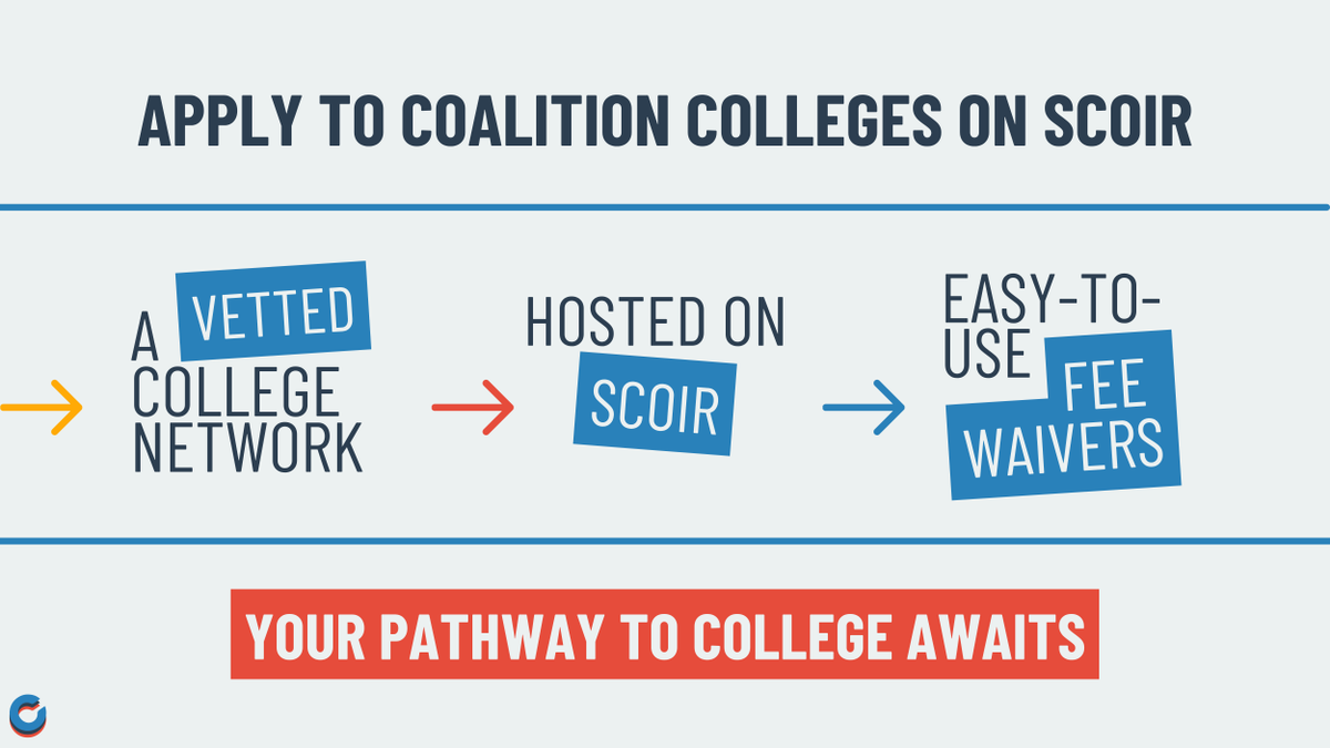 mycoalition's tweet photo. Attention rising seniors: The 2026-27 application cycle is live! 📣

Apply to Coalition colleges on @ScoirInc. Fill out your profile once, easily check for Coalition fee waivers, and connect with top schools.

Get started today: https://t.co/LZJbSO9MFm https://t.co/aAQKO0lSwJ