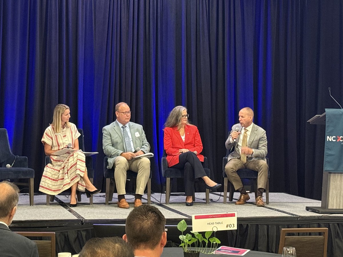 NCChamber's tweet photo. Jill K. Cox of @cisnc, Dr. Rodney Peterson of @PersonCoSchools, and Don Stewart of @Toyota NC join #NCChamberFoundation President @MeredithA_NC to explore how educators, employers, and communities align around student success. #WorkReadyNC https://t.co/WBub48TS7d