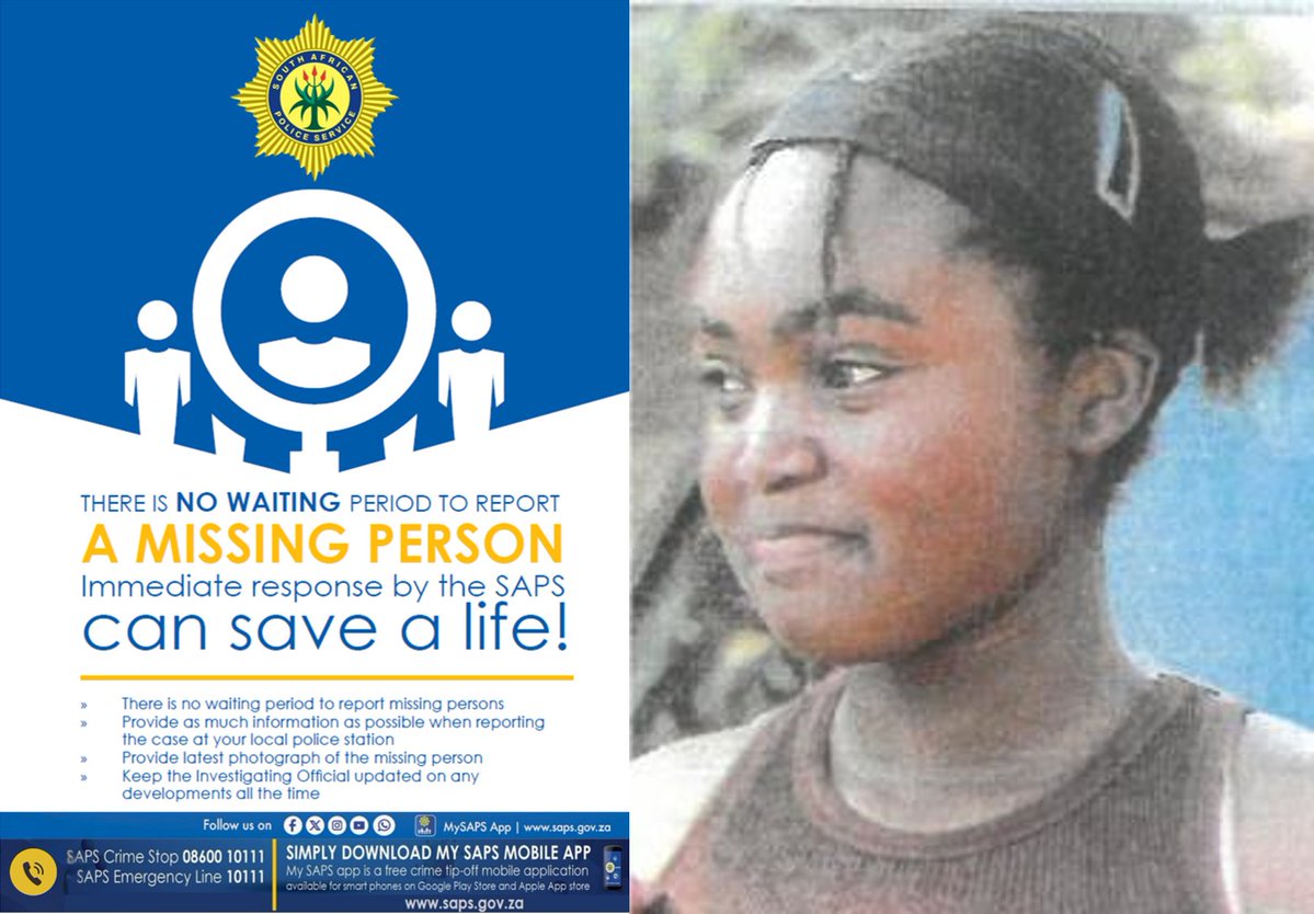 SAPoliceService's tweet photo. RT #sapsGP [MISSING FEMALE TEEN SOUGHT] Help #SAPS Protea Glen locate a #missing teen. It is reported that 13yr-old Thandeka Mbatha, was last seen on 04/07, when she left her parental home at Protea Clen, Soweto without informing anyone. A missing person's file was registered at Protea Police Station. Anyone with information on Thandeka's whereabouts, is urged to contact the Investigating Officer, Sergeant MP Sambo at 011 986 9172. #CrimeStop #MySAPSApp ME
https://t.co/fABMuTqEHH
