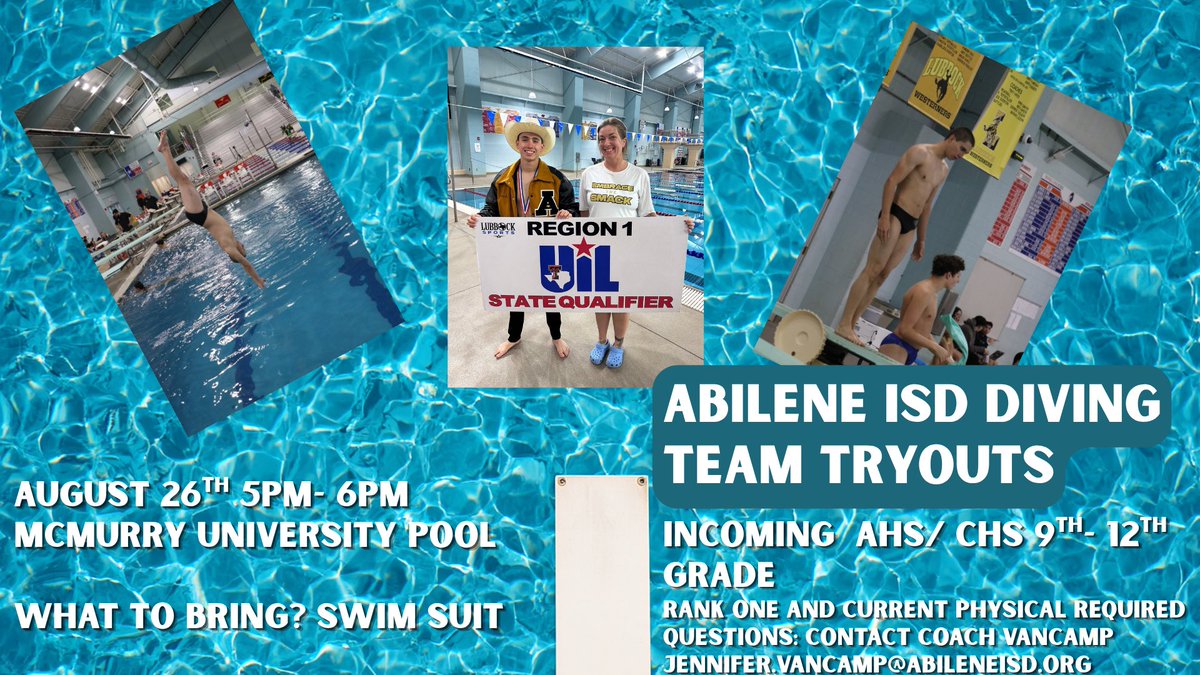 SwimmingAisd's tweet photo. Second and Last Tryouts to join AISDs Swimming &amp; Diving team!
Details below. Hope to see you there! https://t.co/YO5ZwlB2mi