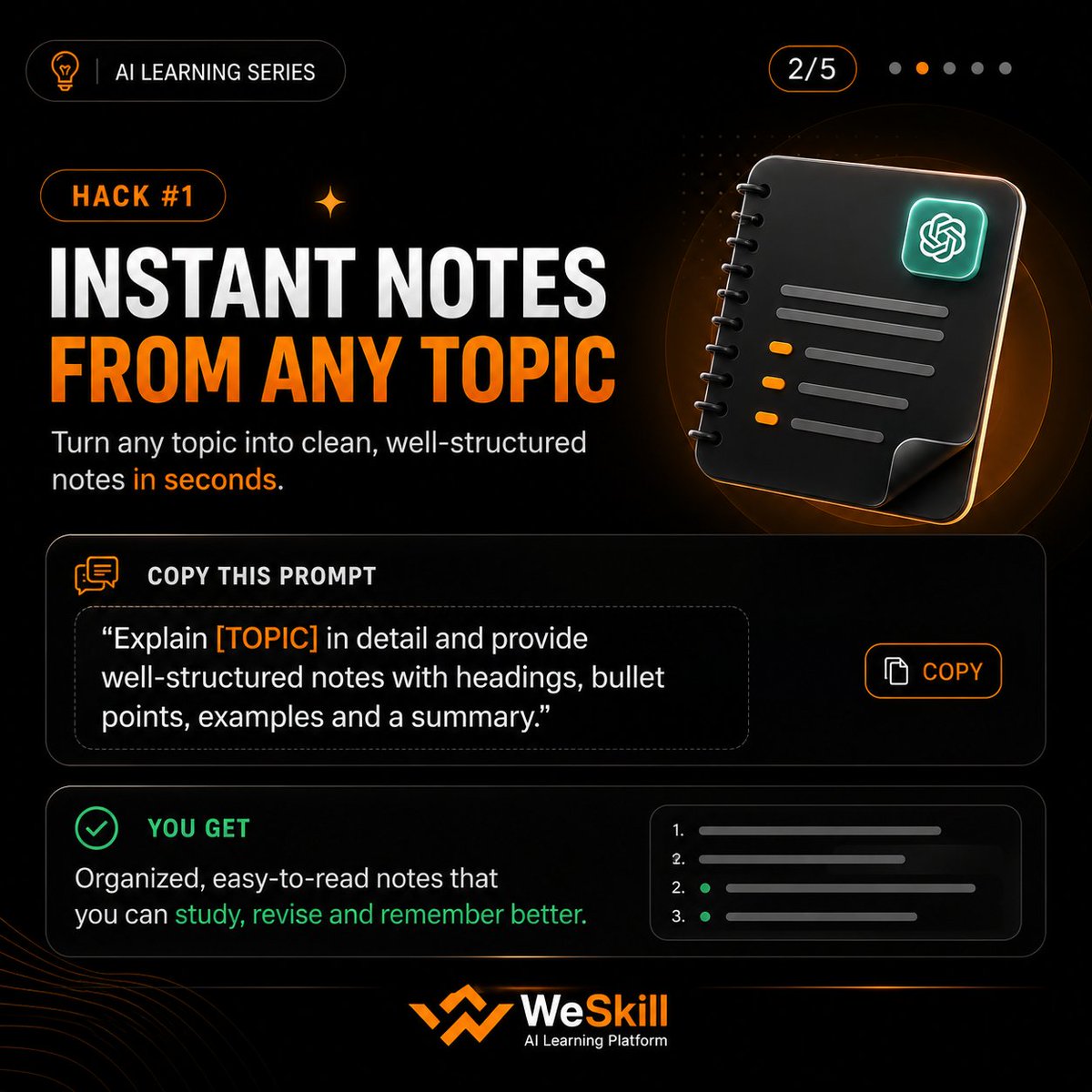 weskillorg's tweet photo. I save 10+ hours every week using ChatGPT.

Not because I'm smart. Because of THESE 5 prompts.

Swipe to steal them →

Comment "AI" and I'll DM you the exact copy-paste prompts 🔗

#ChatGPT #ChatGPTHacks #AITools #Productivity #ChatGPTPrompts #Weskill  #WorkSmarter #StudyHacks https://t.co/v1jtPLMrn4