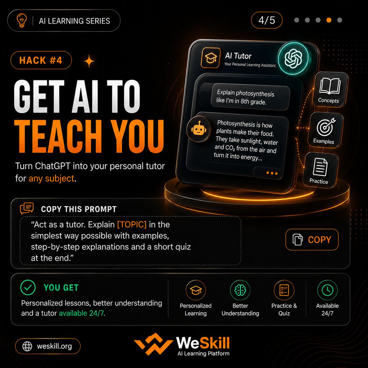 weskillorg's tweet photo. I save 10+ hours every week using ChatGPT.

Not because I'm smart. Because of THESE 5 prompts.

Swipe to steal them →

Comment "AI" and I'll DM you the exact copy-paste prompts 🔗

#ChatGPT #ChatGPTHacks #AITools #Productivity #ChatGPTPrompts #Weskill  #WorkSmarter #StudyHacks https://t.co/v1jtPLMrn4