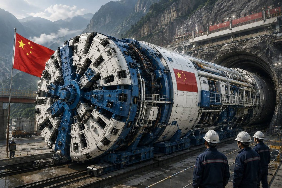 SputnikInt's tweet photo. China unveils world’s first hybrid rig to drill and blast through mountains

The new boring-and-blasting tunnel machine boosts hard-rock digging efficiency by 30% — a leap for high-end underground engineering.

🔸 Co-developed by Tsinghua University and a unit of China Railway Group, the 4.5m-diameter "Xianglong" rolled off the line in Wuhan

🔸 Standard tunnel boring machines slow down in extremely hard or fractured mountain rock — the hybrid rig integrates excavation with built-in drilling and blasting to solve this

🔸 Built entirely with a domestic supply chain, it will undergo its first on-site trial at a pumped-storage power plant in Henan

This innovation offers a homegrown solution for massive construction as China pushes deep-tunnel infrastructure under its 15th five-year plan.

The image is AI-generated