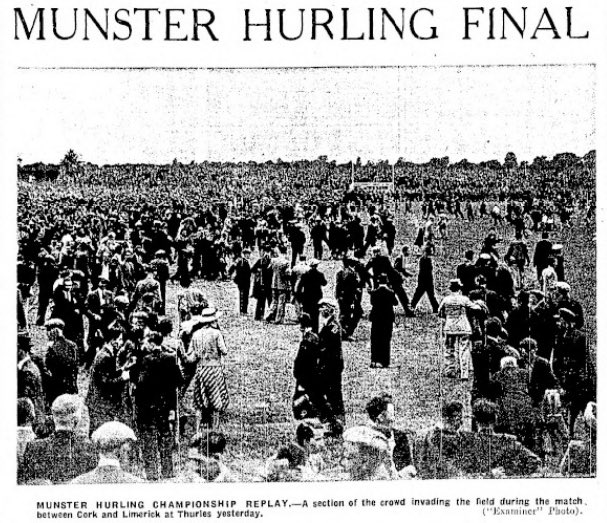 SportsHistory26's tweet photo. Pitch invasion this day in 1940 after @OfficialCorkGAA and @LimerickCLG had clashed in the @MunsterGAA Senior Hurling Championship Final Replay at Thurles..#Limerick #cork #hurling #gaa #ireland https://t.co/GHhm9i3c6M