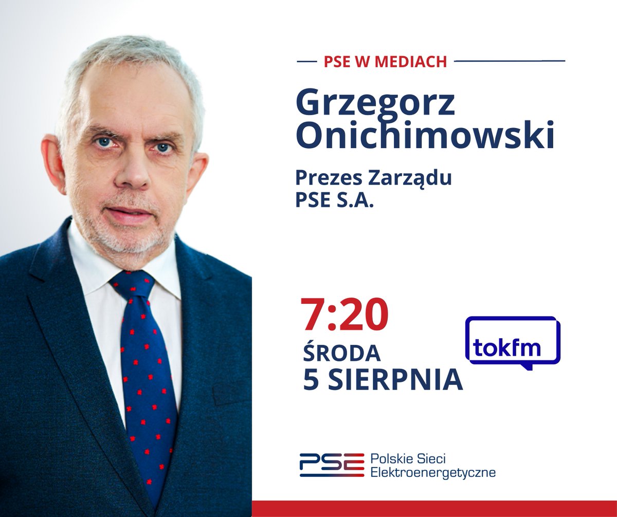 pse_pl's tweet photo. 📻 Jutro o 7:20 gościem programu #PoranekTOKFM w
@Radio_TOK_FM będzie Grzegorz Onichimowski, Prezes Zarządu PSE S.A.
Prezes przedstawi sytuację polskiego systemu elektroenergetycznego w czasie upałów.
Zapraszamy do słuchania! #PSE #Energetyka #TOKFM https://t.co/Tdjv5v7yCM