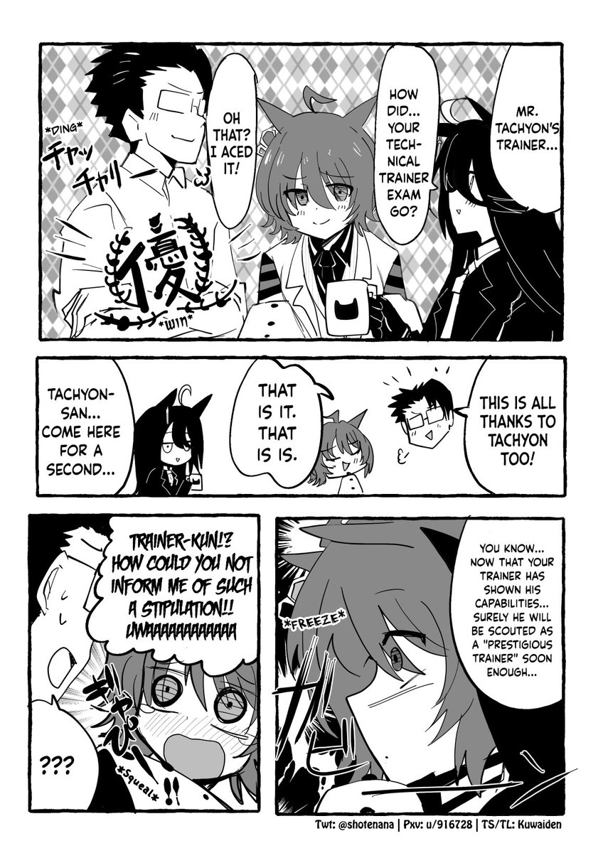 Kuwaiden's tweet photo. A Manga About Tachyon Panicking From Trainer's Capability by @shotenana 

I love this incident starter Cafe. She's so funny.

#ウマ娘 #Umamusume 
#ウマ娘英訳 #UmaTranslations https://t.co/iYvpcZdCAE