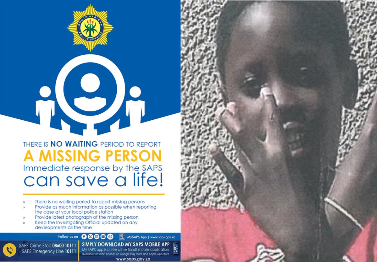 SAPoliceService's tweet photo. RT #sapsGP [#MISSING MALE TEEN SOUGHT] #SAPS Moroka is seeking assistance from the public to help find a #missing male teen. According to information, it is reported that Lehlohonolo Innocent Bongani Motloung (14) left his parental home at Moroka, Soweto without informing anyone. At the time of his disappearance he was wearing black trousers, a black jacket with white socks and black sandals. Anyone with information on his whereabouts is reqeuested to contact the Investigating Officer, Const DN Shipalana at 011 527 7000. #CrimeStop #MySAPSApp ME
https://t.co/MrHoDVBsTG