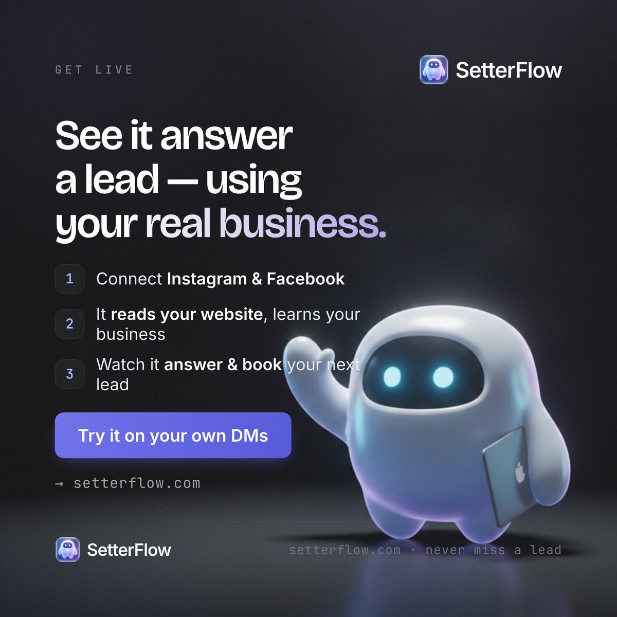setterflowx's tweet photo. Stop losing leads to slow replies. Connect your Instagram and Facebook, let SetterFlow learn your business, and watch it answer and book your next lead in seconds. Live in minutes, free to try. https://t.co/0uu1KuAxtS https://t.co/mMYrSJ5FWn