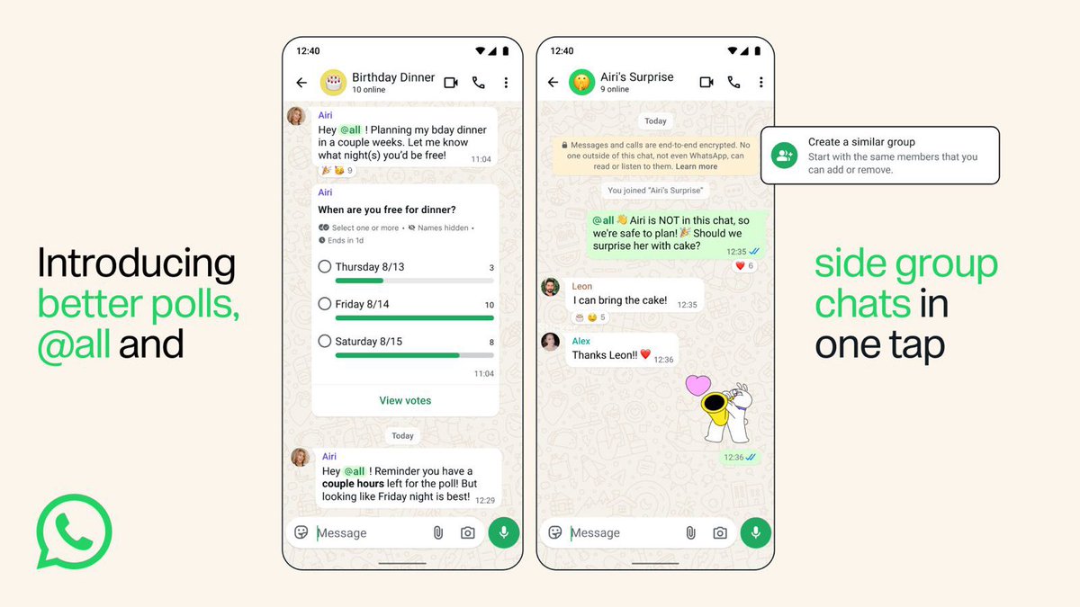 WABetaInfo's tweet photo. WhatsApp announces three new features for group chats!

WhatsApp is rolling out improved polls, all mentions, and a faster way to create new groups from existing ones.

https://t.co/ePhdrArU2K https://t.co/pbkzer2w4e