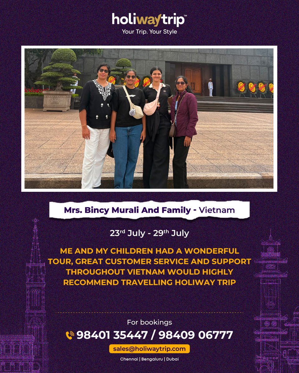 holiwaytrip's tweet photo. Beautiful journeys become even more special when shared through happy memories. 🇻🇳✨
We’re delighted to hear about the wonderful travel experience shared by Mrs. Bincy Murali and her family. Thank you for choosing Holiway Trip as your trusted travel partner. 🌏💫

#HoliwayTrip https://t.co/NZErs4A9kl