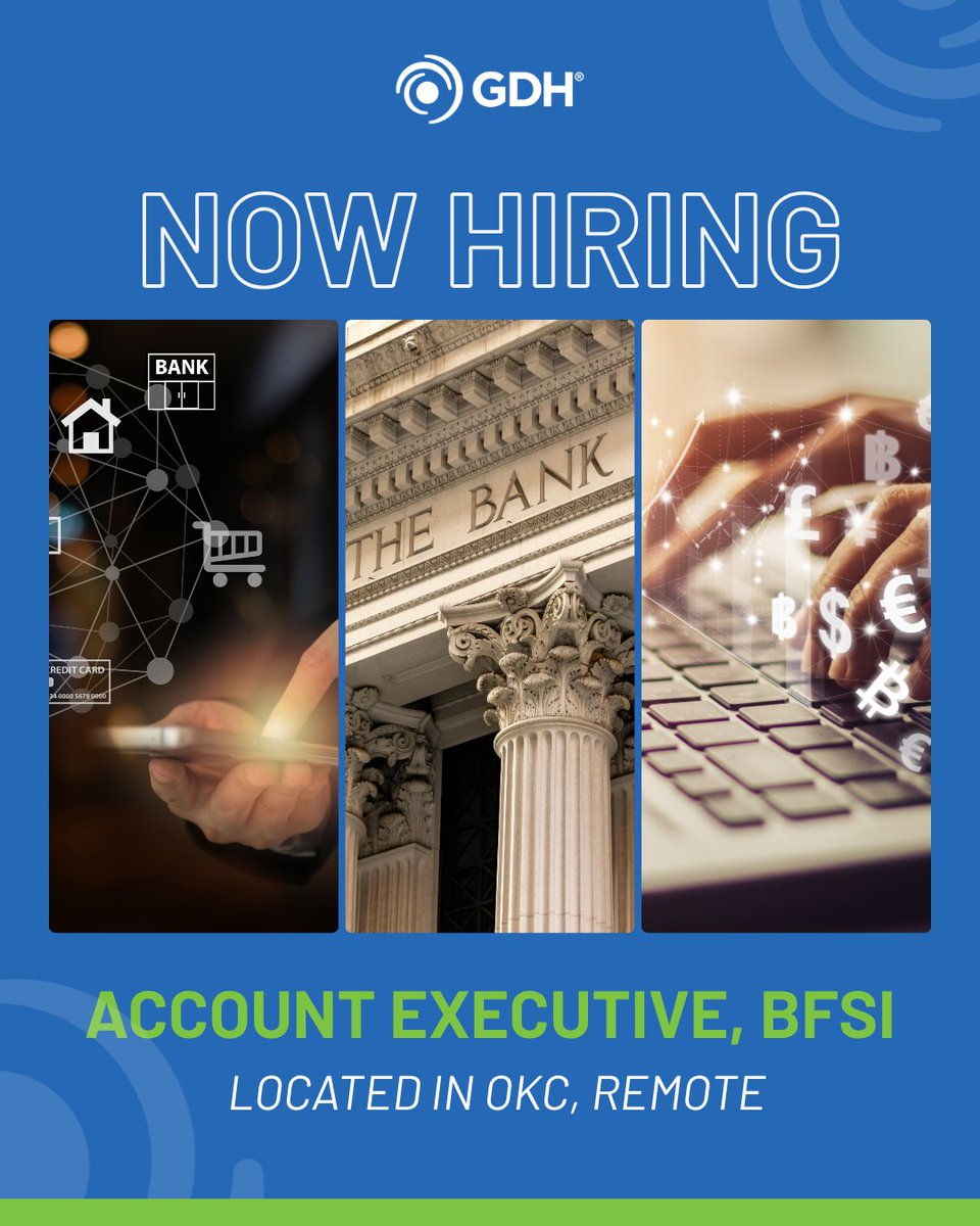 gdhinc's tweet photo. 🏦 We're hiring an Account Executive remotely in Oklahoma City, OK to support business development efforts, strengthen client relationships, and help deliver workforce and technology solutions to organizations across the BFSI industry.  https://t.co/1dnYOAzame https://t.co/kX7eW3lFKQ