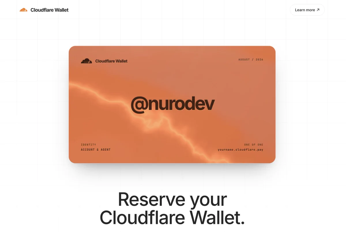 A screenshot of the Cloudflare Wallet landing page showing I have reserved the @nurodev handle