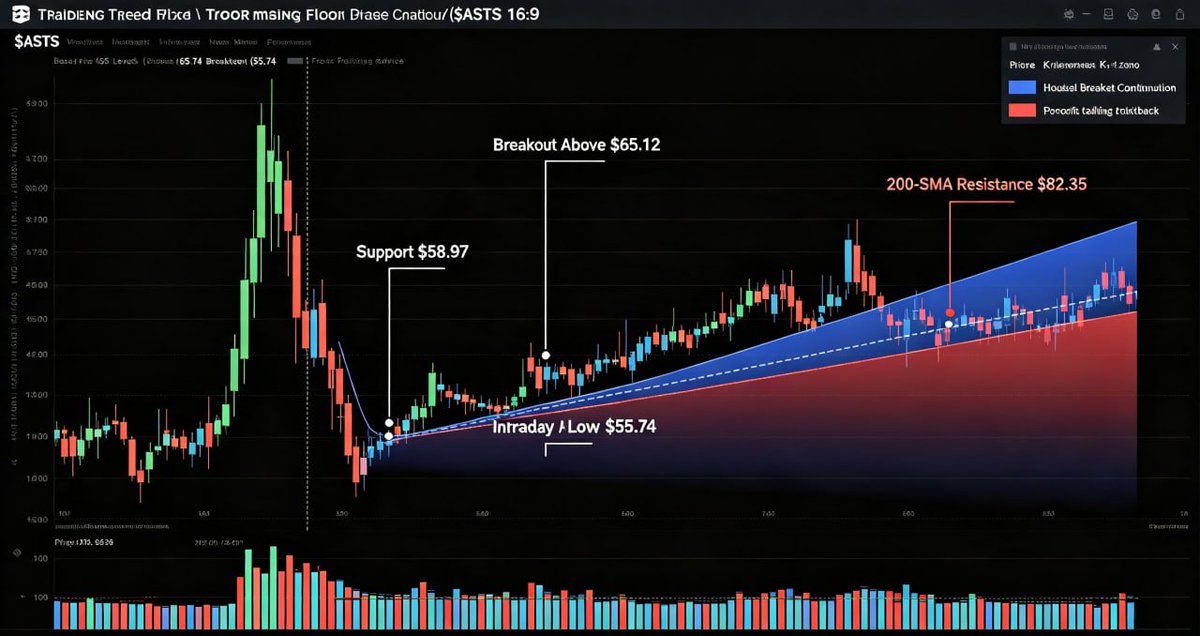 William3vw's tweet photo. Today’s 7.23% intraday surge on $ASTS constitutes catalyst‑driven short‑covering momentum rally fueled by multiple bullish analyst upgrades, the upcoming BlueBird satellite launch and Japan‑based Rakuten direct‑to‑cell commercial progress, trading within the $55.74‑$65.12 intraday range on moderate below‑average volume; it holds above the 20‑period and 50‑period moving averages, immediate near‑term support sits at $58.97, primary breakout threshold is $65.12, major overhead resistance locates at the 200‑SMA zone near $82.35, elevated RSI signals accelerating bullish momentum while high implied volatility prices pre‑earnings swing risk ahead of the August‑10 quarterly release, and this speculative high‑beta bounce remains vulnerable to profit‑taking without sustained institutional volume expansion.