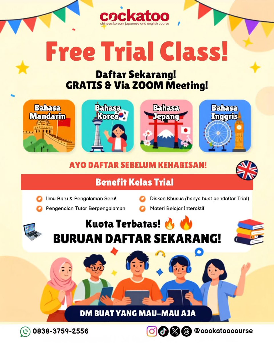 cockatoocourse's tweet photo. Kalau bisa menambah satu kemampuan baru tahun ini, kamu mau pilih apa? 👀
Kalau jawabannya bahasa asing, yuk coba dulu FREE TRIAL CLASS di cockatoo course. Ada kelas Inggris, Jepang, Korea, dan Mandarin!
#kursusbahasa #lesonline #zonauang #zonajajan #kursusonline #lesbahasa #Bandung #lesmandarin #lesjepang #leskorea #lesinggris #mandarin #jepang #korea #inggris #zonaduit #lesoffline #kursus #les #bimbel #kursusmandarin #bakor