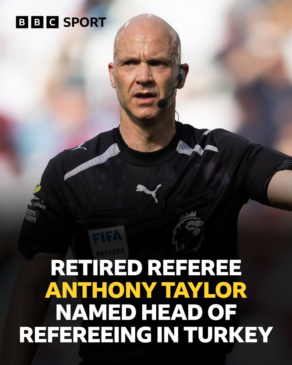 BBCMOTD's tweet photo. Anthony Taylor takes up a new refereeing role in Turkey 🇹🇷 🤝

The retired referee has been appointed director of elite refereeing for the Turkish Football Federation after bringing his 20-year career to an end. https://t.co/bCJEqgklyP