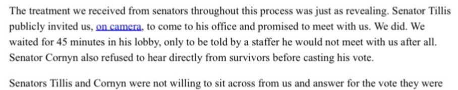 CheyenneHuntCA's tweet photo. Some breaking news this morning that’s not getting the coverage it deserves: We caught Tillis on camera and got him to agree to meet with the Epstein survivors ahead of a vote on Todd Blanche. They sat in his office for 45 minutes before his staff told them he wasn’t coming. https://t.co/QXkGMhl4yY