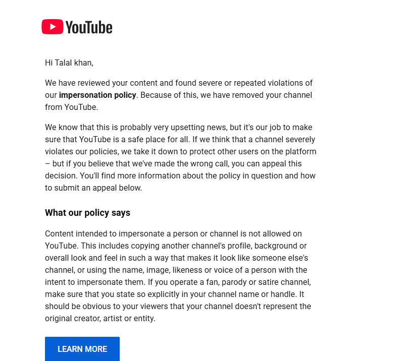 Talalkhan82's tweet photo. How can a channel be terminated directly without receiving either?

What is the point of these rules?

Please review and reinstate my channel!

Channel Link https://t.co/acooG8dyX8 https://t.co/LdYw9of5Tl