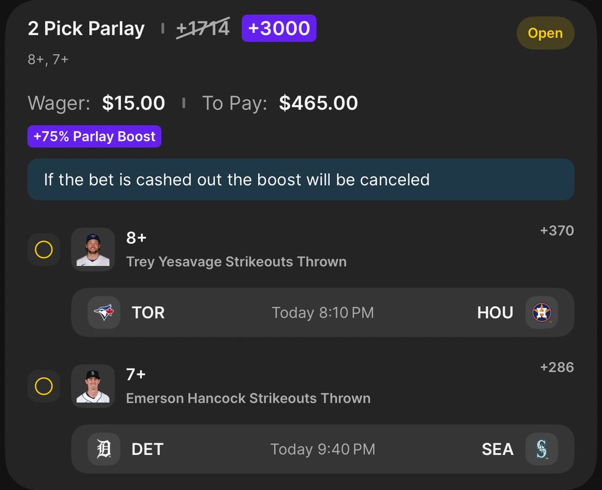ProfitDawg's tweet photo. Parlay of the day.....

Trey Yesavage 8 Ks | Emerson Hancock 7 Ks

+1714 < +3000 https://t.co/XomTRTPFED