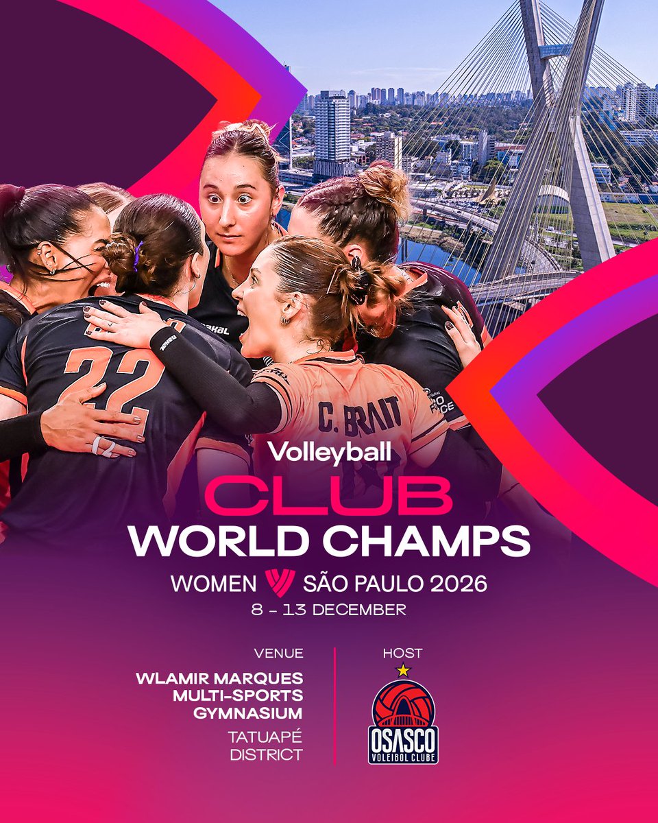 volleyballworld's tweet photo. THE WORLD'S BEST CLUBS ARE HEADING TO SÃO PAULO! 🌎🏐

The 2026 Women’s Volleyball Club World Championship is coming to Brazil! 🇧🇷

📍 São Paulo
📅 December 8-13

Get ready for six days of world-class volleyball as the world's top clubs battle for the title. 🔥

🏐 #BePartOfTheGame #Volleyball #ClubWorldChamps
