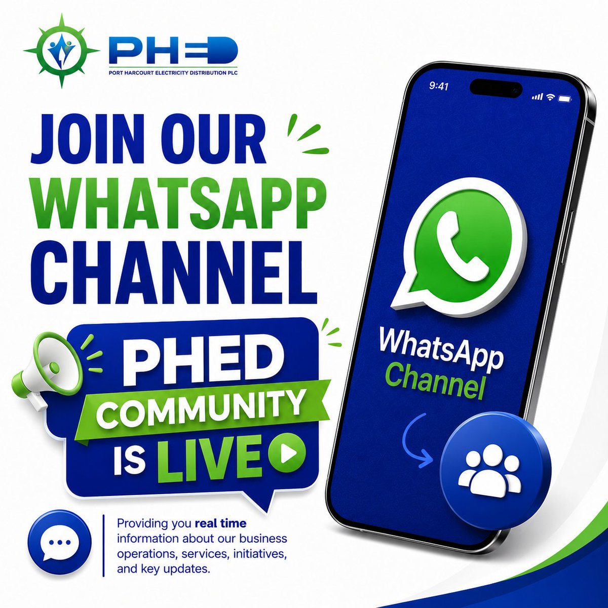 PHEDconnect's tweet photo. Don't be the last to know!  
Want real-time updates from PHED?  

Join our official PHED WhatsApp Channel today and stay informed wherever you are. 

Comment "JOIN" and we'll send you the link. 

#PHED #PHEDCares #StayConnected #WhatsAppChannel #PowerUpdates https://t.co/e9gb781PEF
