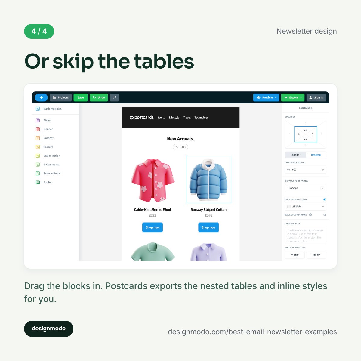 Designmodo's tweet photo. The pre-send check, nine lines:

- width 600–800px 
- nested tables + inline CSS 
- alt text on every image 
- one column below 600px 
- dark mode tested, not assumed 
- custom preheader, 90 characters 
- one CTA per content block 
- file size optimised for mobile https://t.co/e5efhdvtjv