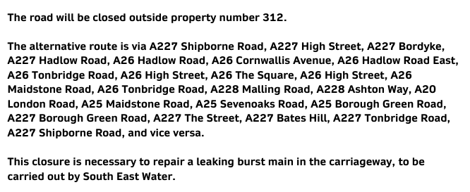 KentHighways's tweet photo. UPDATE - Tonbridge, A227 Shipbourne Road. Road closure until 19th August near St Bernard's Road for @SEWater burst main repair works. Expect delays in the surrounding areas: https://t.co/KmQ09yhc62 https://t.co/fDCOyETewj