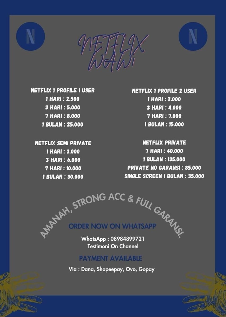 Naoyadtt's tweet photo. @kanimayolava ready all durasi langsung copas setelah pay.
PROMO NETFLIX SINGLE SCREEN ONLY 30K.
pembelian durasi 1bulan selain 2u free viu, bstation, canva ( pilih salah satu &amp; masing masing berdurasi 1bulan full garansi. )
order dan tanya tanya bisa ke WhatsApp di pin. https://t.co/un2rZk7OD4