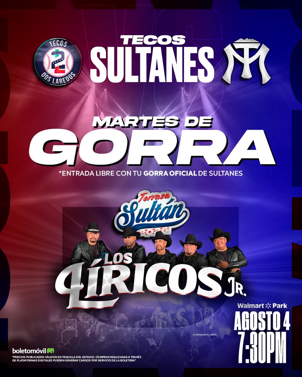 SultanesOficial's tweet photo. ¡HOY ES MARTES DE GORRA🧢!

Ven con tu gorra oficial de SULTANES y accede libre al Walmart Park para el primer juego de la serie 🆚 #tecos.

Los Líricos Jr al finalizar el juego 
🎟️ en taquilla y en Boletomóvil. https://t.co/z5KptcUDw0