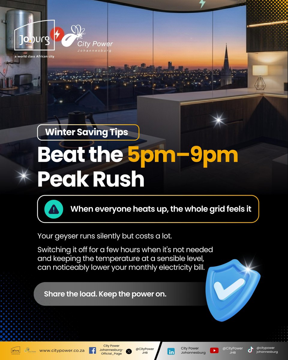 CityofJoburgZA's tweet photo. When the whole city switches on at twilight, the entire power network feels the strain. Let's ease the load together. 

#SaferJoburg #WinterSafety ^NJ https://t.co/WO3DRbVg5D