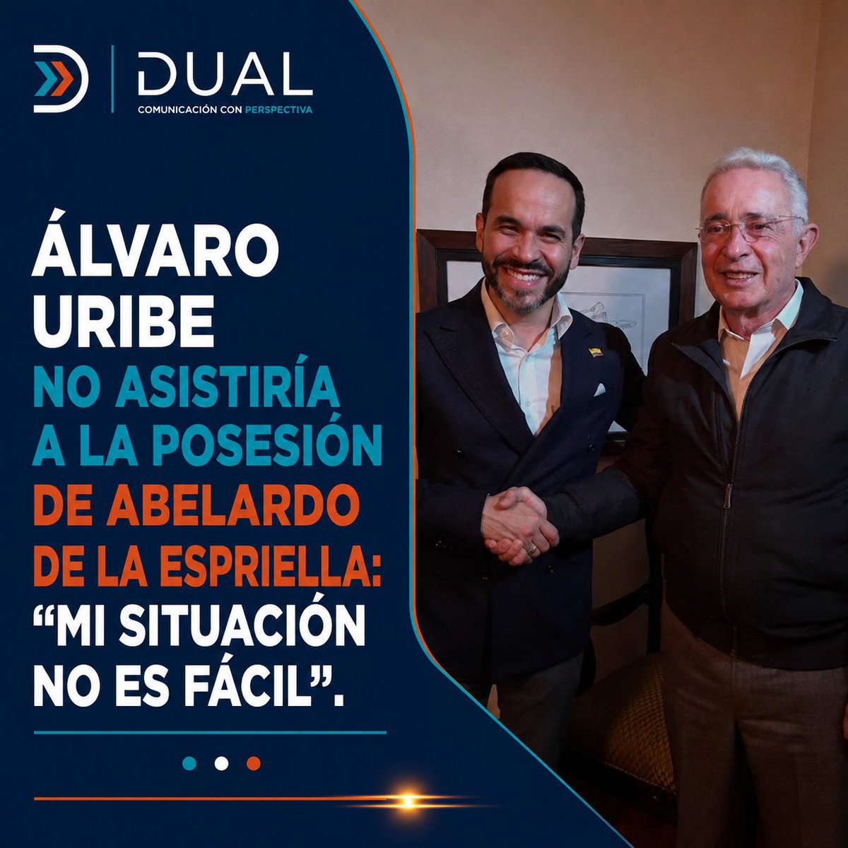 DualMedios's tweet photo. 🚨 #ultimahora El expresidente @AlvaroUribeVel anunció que no asistiría a la posesión presidencial de @ABDELAESPRIELLA 

El exmandatario aseguró que su decisión obedece a su situación personal y afirmó: “Mi situación no es fácil”.
👉 ¿Qué opina de esta decisión del expresidente? https://t.co/3qO2dNGV7Z