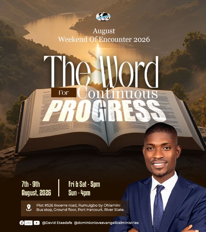 dlem_global's tweet photo. Your next level is waiting on one encounter with God's Word.
When His Word becomes your foundation, continuous progress becomes your reality.

Join us this Friday as we begin our August Weekend of Encounter Program.

#dlemglobal #davidetaedafe #Wordforcontinounsprogress https://t.co/CONC5ELwKa