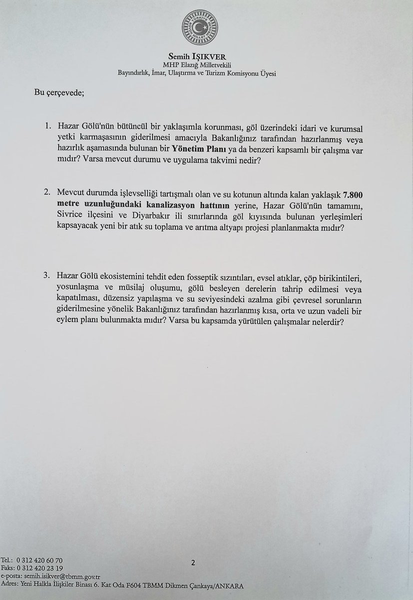 KverSemih's tweet photo. Doğu Anadolu’nun incisi Hazar Gölü’müzün ekosistemini tehdit eden olumsuz koşulların ortadan kaldırılması ve gölümüzün korunması amacıyla bir yönetim planı oluşturulmasına ilişkin taleplerimizi içeren soru önergemizi Çevre Şehircilik ve İklim Değişikliği Bakanımız Sn.Murat Kurum tarafından cevaplandırılması istemiyle TBMM Başkanlığına sunduk. 

Hayırlı sonuçlara vesile olmasını dilerim.