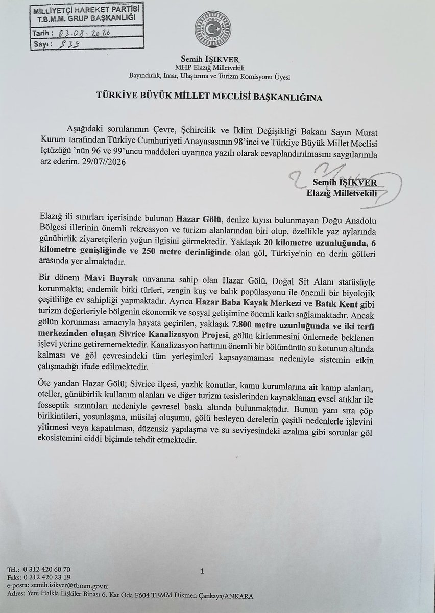 KverSemih's tweet photo. Doğu Anadolu’nun incisi Hazar Gölü’müzün ekosistemini tehdit eden olumsuz koşulların ortadan kaldırılması ve gölümüzün korunması amacıyla bir yönetim planı oluşturulmasına ilişkin taleplerimizi içeren soru önergemizi Çevre Şehircilik ve İklim Değişikliği Bakanımız Sn.Murat Kurum tarafından cevaplandırılması istemiyle TBMM Başkanlığına sunduk. 

Hayırlı sonuçlara vesile olmasını dilerim.