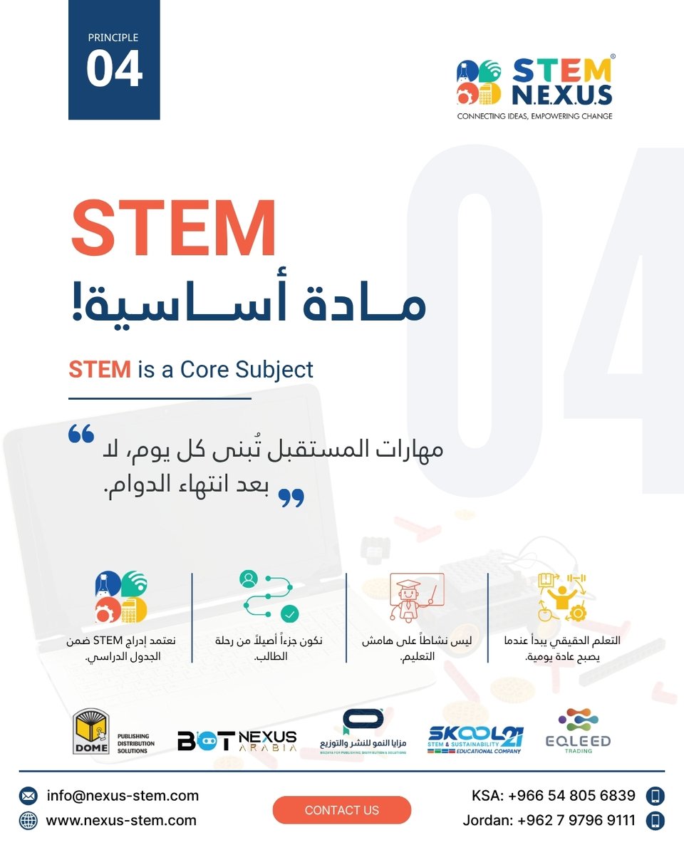 STEM_Nexus_'s tweet photo. 04/05 | STEM is a core subject, not a marginal activity. It is formally included in the daily timetable as an essential part of every student’s learning journey. STEM مادة أساسية ضمن الجدول الدراسي اليومي. 
#STEMNEXUS https://t.co/Ibq72x2Efu