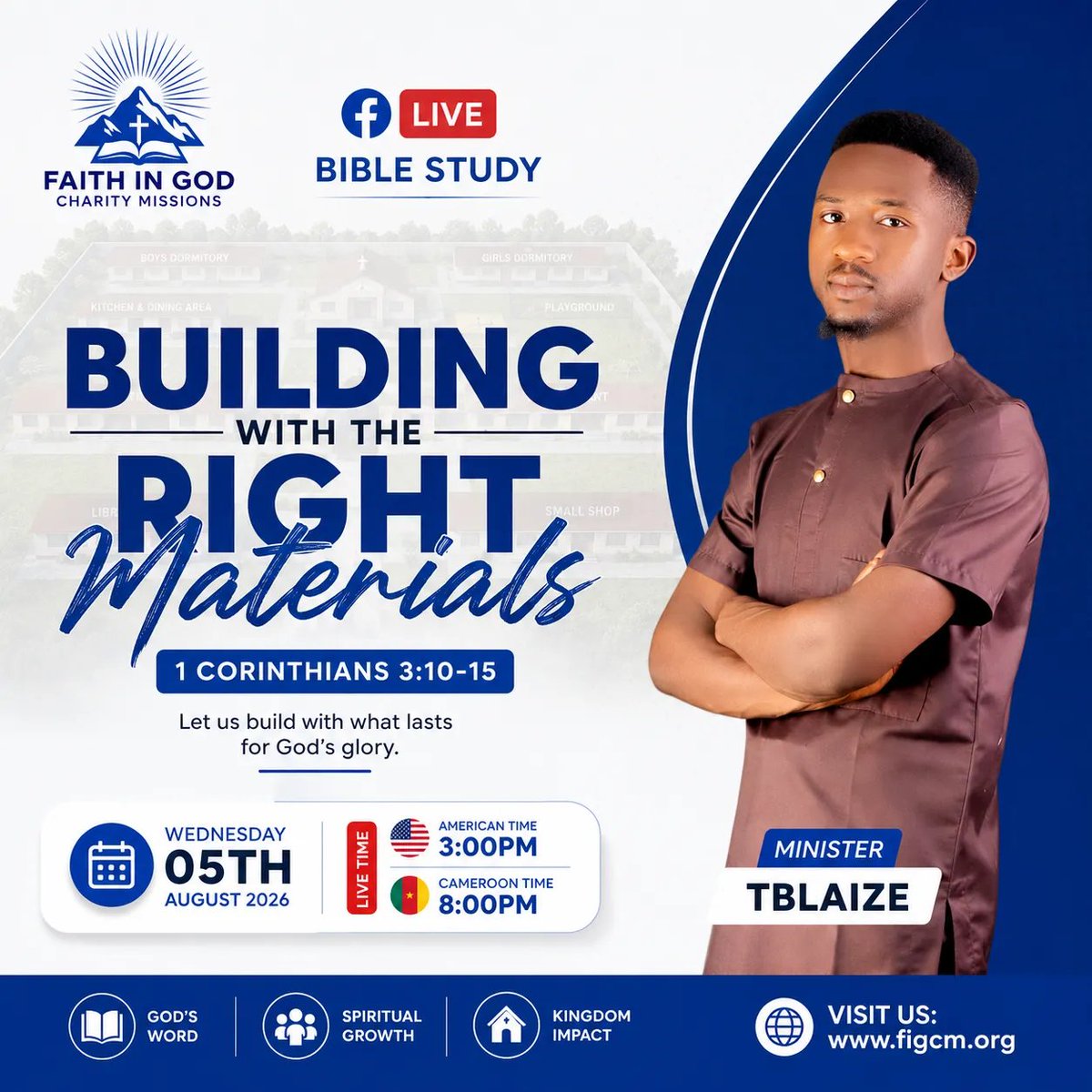 figcm2025's tweet photo. Kindly join us this Wednesday for our Facebook Live 
What we build our lives on matters. Let's learn what it means to build with materials that last, for God's glory and not our own.
🗓️ Wed, 5th August 2026
🕗 8:00 PM Cameroon | 3:00 PM US https://t.co/iPNiq1Kb9L