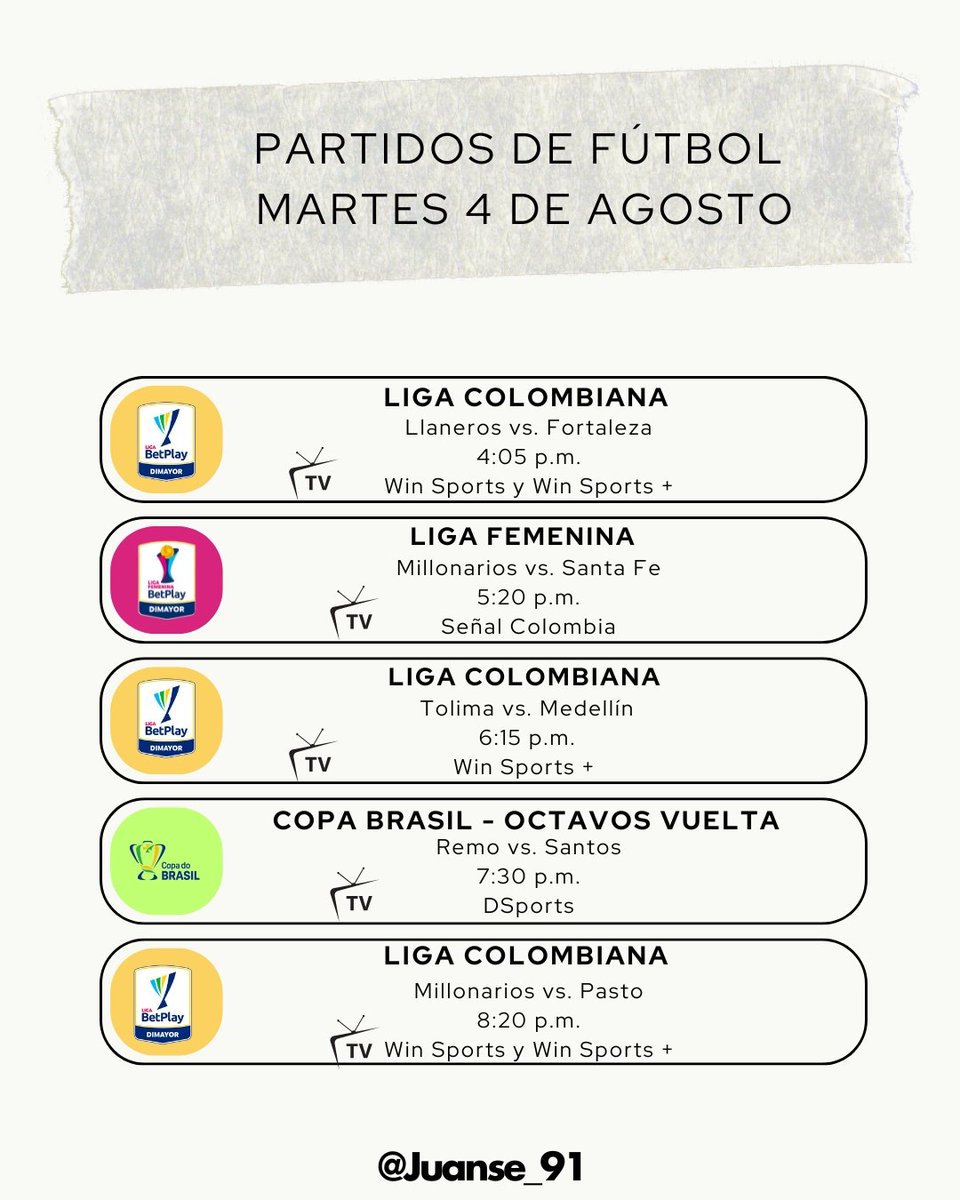 juanse_91's tweet photo. #FelizMartes
Sigue la acción en la #LigaBetPlay 🇨🇴
Partidazo #Tolima 🐷 🆚 #DIM 🔵🔴 y #Millonarios 🔵⚪️ 🆚 #Pasto 🌋
Hay #ClásicoBogotano 🔵⚪️🔴⚪️ en la #LigaFemenina 🇨🇴
El #Santos 🇧🇷 de #Neymar busca clasificación en #CopaBrasil 🇧🇷 https://t.co/y181TlFu0Z