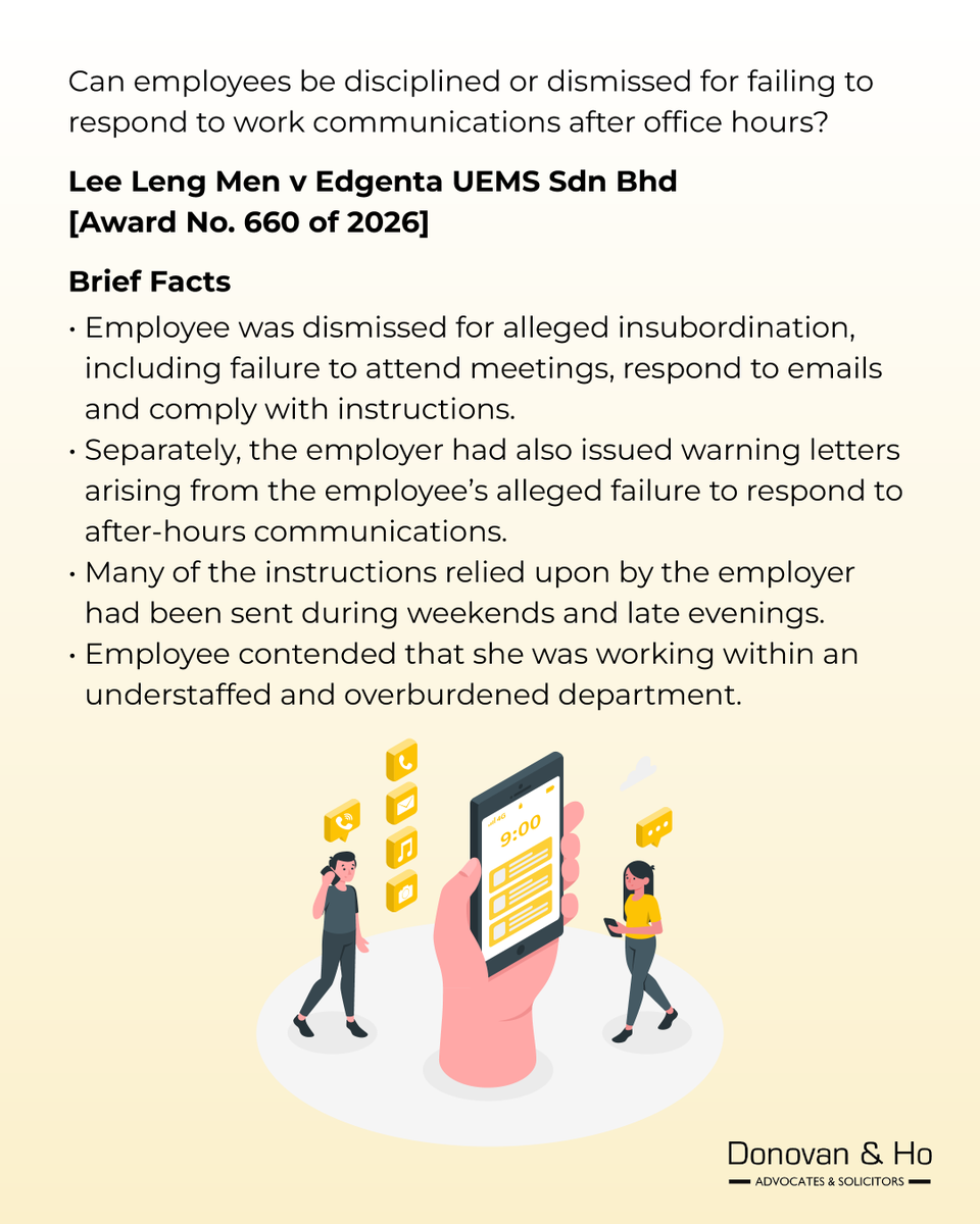 donovanandho's tweet photo. ⚖️📱 Can you be fired for refusing to answer your employer’s calls or messages after office hours?

Two recent Industrial Court decisions may reshape how employers approach after-hours work expectations.

(Cont.) https://t.co/njORm8EGgk