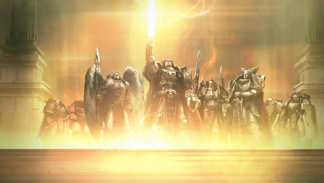 SanguinisI's tweet photo. “The others approach: Rogal, adorned in shining golden plate inlaid with chrome and amber, and Constantin, caparisoned in lacquered auramite. Behind them, the assembled host stands ready, four companies of the most superlative warriors the galaxy has ever known.”

By R. Bagnall https://t.co/kfwhIv24R3