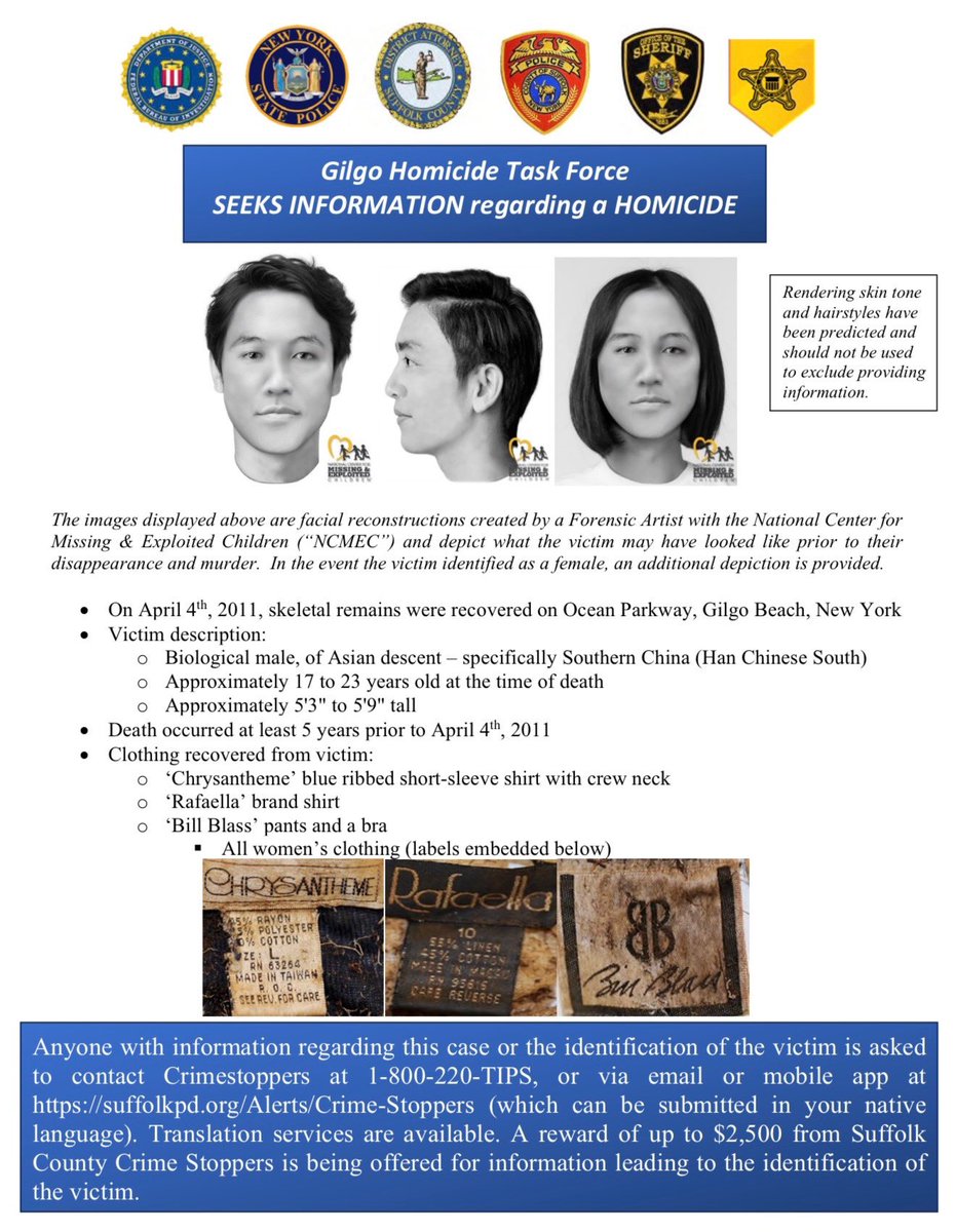 lauraingle's tweet photo. Searching for Asian Doe: collecting cheek swabs
🚨NEW ACTION tonight in NYC’s Chinatown with Suffolk County D.A. Ray Tierney and volunteers from the Gilgo Beach Homicide Task Force who will be present at the NYPD’s fifth precinct National Night Out to encourage members of the Chinese community to attend and assist members of law-enforcement in identifying the last unknown homicide victim found along Ocean Parkway during the Gilgo Beach investigation.
I spoke with D.A. Tierney about tonight’s event that will include Chinese speaking members of law enforcement to assist in the task force’s efforts - he tells me, he’s looking forward to this event saying “we’ve received great coordination from NYPD, and Suffolk County PD both with Chinese speaking officers who are going to help us with this. We think that we will get a lot of people out, and hopefully get some DNA samples”
The idea, is to bolster DNA samples.
Suffolk County officials share:
The best way to assist is by providing a DNA sample, which will assist genealogists with identifying possible relatives, and in turn, identifying Asian Doe. Notably, the DNA samples will not be retained by law enforcement and will not be entered into any law-enforcement databases. Rather the sample will go straight to a private laboratory and used solely for the purpose of identifying “Asian Doe," as well as any other unidentified human remains of Asian descent. The Gilgo Homicide Task Force implore members of the public to step forward and assist us in identifying this young victim. In addition, a reward of up to $2,500 is being offered for information leading to the identification of Asian Doe. Information may also be provided by visiting https://t.co/WqMoKYoI0I or by calling (631) 263-0526
Video of Chinatown shot while on a court break at the Nicolas Maduro hearing.
Poster from Suffolk County D.A.’s office
Original map of victims along Gilgo
Drone shot from “Searching for Asian Doe” documentary by Zak Winters on Winter Brothers Stories link here:
https://t.co/NDShQoq3A3