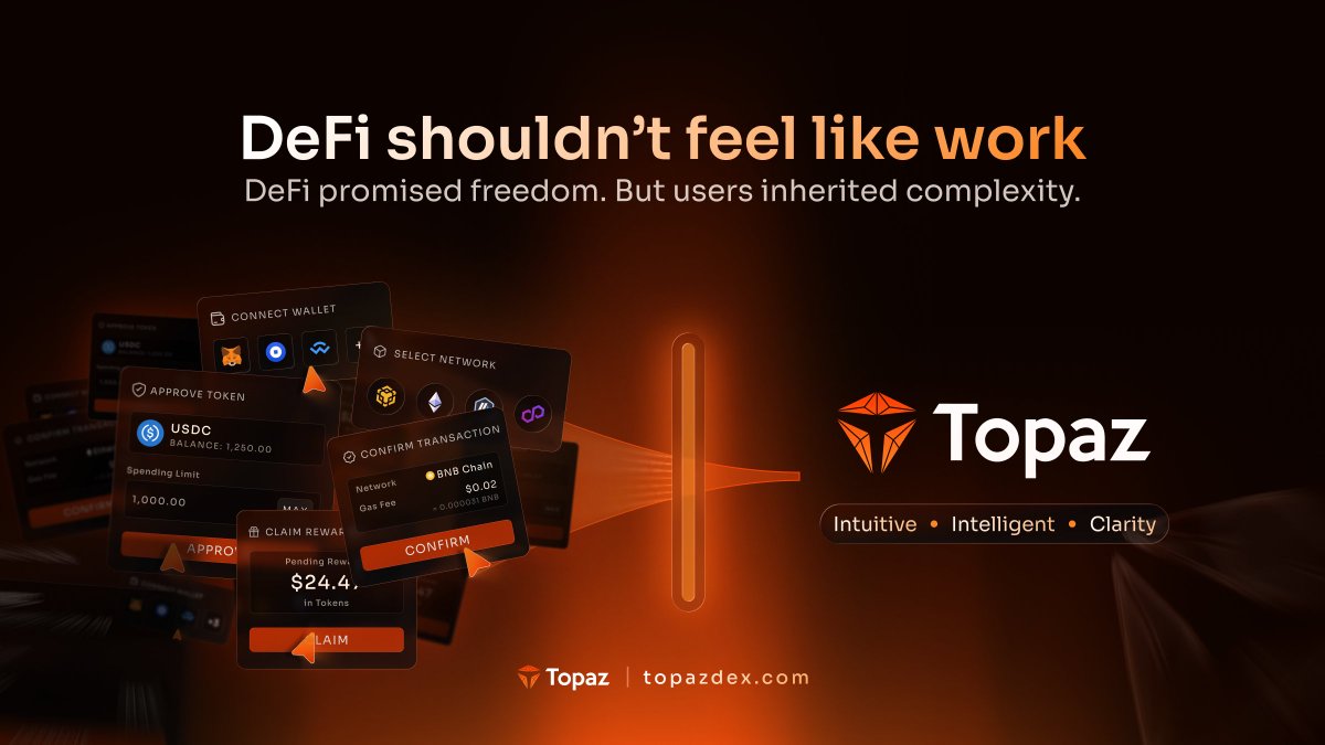 TopazDex's tweet photo. You finally decided to give DeFi a try, all you wanted was one simple transaction, but an hour later, you've got five tabs open, three approvals pending, and you're still not sure you're doing it right.

For millions, that's their first impression of DeFi. Not because finance is complicated but because the interface is.

Think about what's expected of you:
• Learn multiple protocols before you can make a single move
• Manage assets across different wallets and networks
• Keep up with rewards, votes, claims, and positions
• Stay online, because the market never sleeps
• Turn dozens of decisions into one working strategy

Somewhere along the way, using DeFi got harder than benefiting from it. And the people winning were just the ones with the most time to babysit it.

Prizm ends that! You tell it what you want in plain language "swap BNB to Topaz ," "where should I vote?," "is this position risky?" and it reads your intent, weighs every path, and hands you one clear move to approve.

No hunting for the right protocol. No stitching five apps together. No translating your goal into a dozen manual steps.

The hour of tabs becomes seconds. The gut-feeling guess becomes a decision you can trust. And once you've moved this way, going back to the old way feels absurd.

This is where DeFi is heading. It's done rewarding effort for its own sake the edge is moving to the people who act with clarity. Prizm puts that edge in your hands.

You keep full control of your assets. You just stop leaving time, money, and good decisions on the table.

The next era of DeFi isn't more effort. It's Topaz.