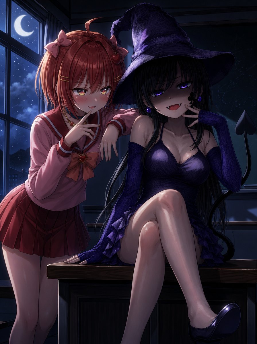 Kandansan213's tweet photo. 月明かりの差し込む夜の教室で
二人の魔女が意味深な笑み。

静かな夜に、ちょっぴり妖しい
放課後の一幕

左 #GTPImage2
右 #Nanobananapro https://t.co/qmWulYtG99