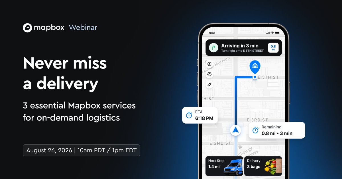 Mapbox's tweet photo. Successful on-demand logistics companies don't just deliver faster — they deliver more efficiently.

Join our free webinar ‘Never miss a delivery: 3 essential Mapbox services for on-demand logistics’ on August 26 to see how leading logistics businesses use Mapbox to improve operational precision, reduce costs, and create better customer experiences.

Register today: https://t.co/WtpRkRiy9K

#BuiltWithMapbox #Logistics #LocationIntelligence
