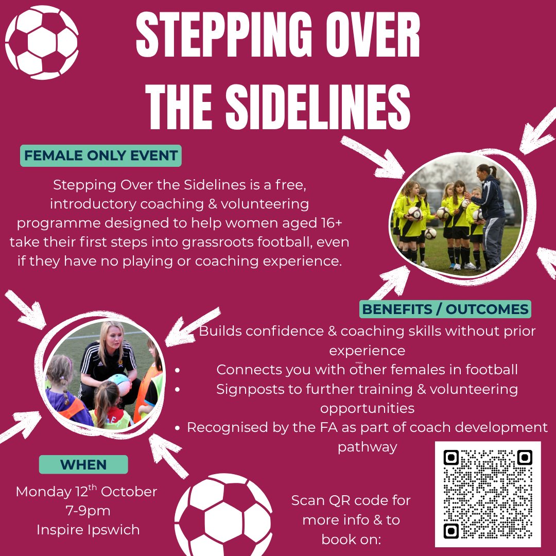 SuffolkFA's tweet photo. Any females looking to find out more about taking their first steps into grassroots football, this is the workshop for you........ 
Booking link:
https://t.co/Zvvs5WNlWs
No experience needed ⚽️⚽️⚽️ https://t.co/qC5OVT8pKI